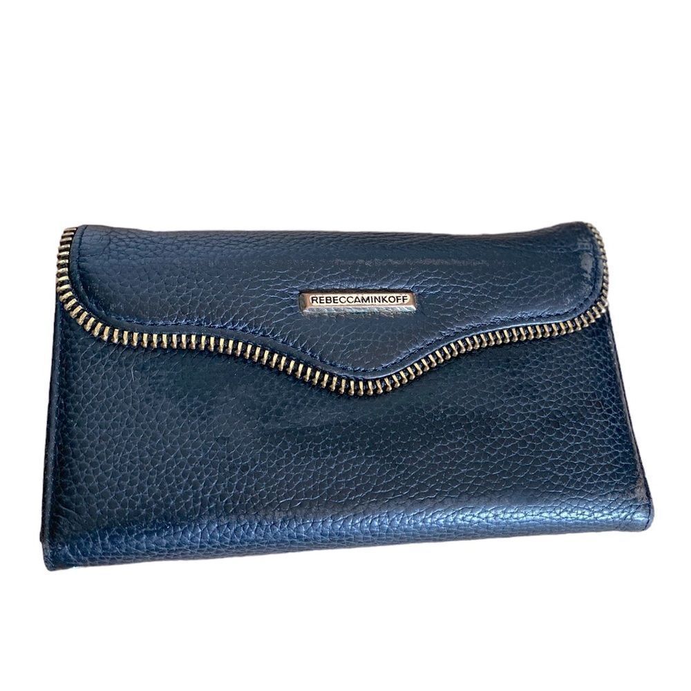 Rebecca Minkoff Cell Phone Wallet Black Pebbled Leather Clutch Gold Zip